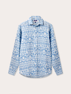 Unisex Linen Long Sleeve Shirt 'Coexist' in sky blue, featuring block prints of elephants, tigers, and hornbills, crafted from 100% premium Belgian linen.