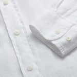 Abaco Mens White Linen Shirt detailed view of cuff.