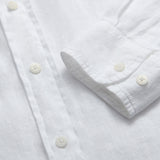 Abaco Mens White Linen Shirt detailed view of cuff.