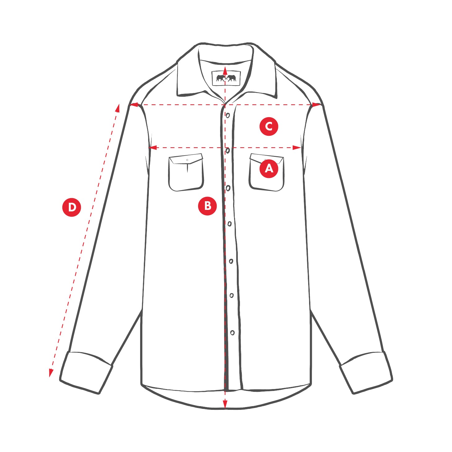 Measurement chart of a shirt with labeled points