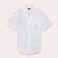 Front view of Love Brand Arawak Mens White Linen Shirt. Short-sleeved white shirt with front pocket and camp collar.