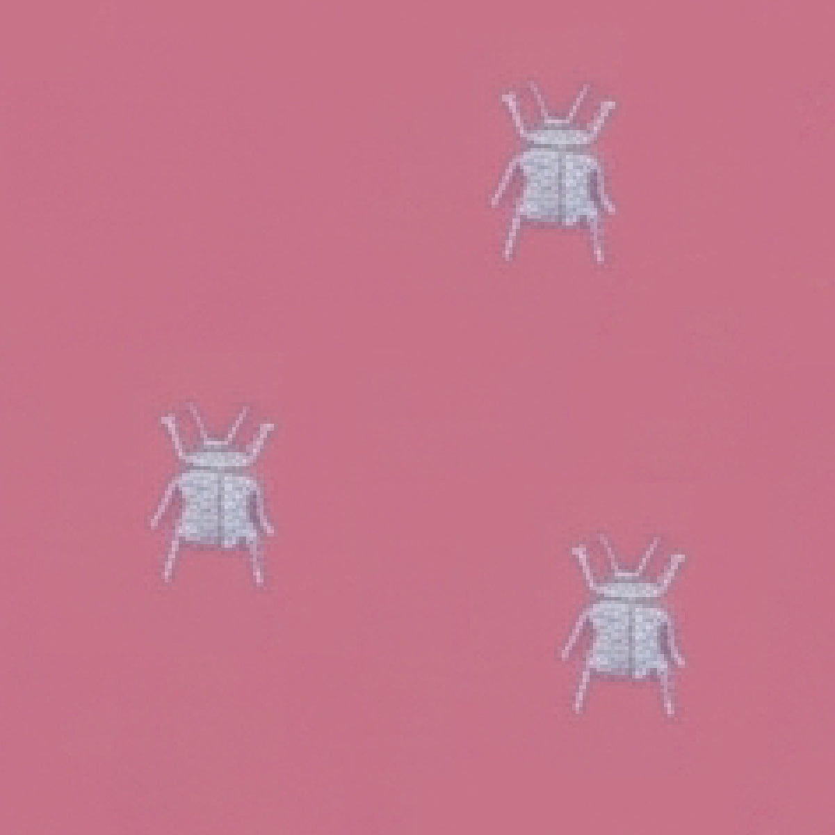 A pink background with three small white embroidered beetle motifs