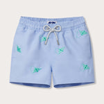 Light blue kids swim shorts with turquoise embroidered manta rays and a drawstring waistband.