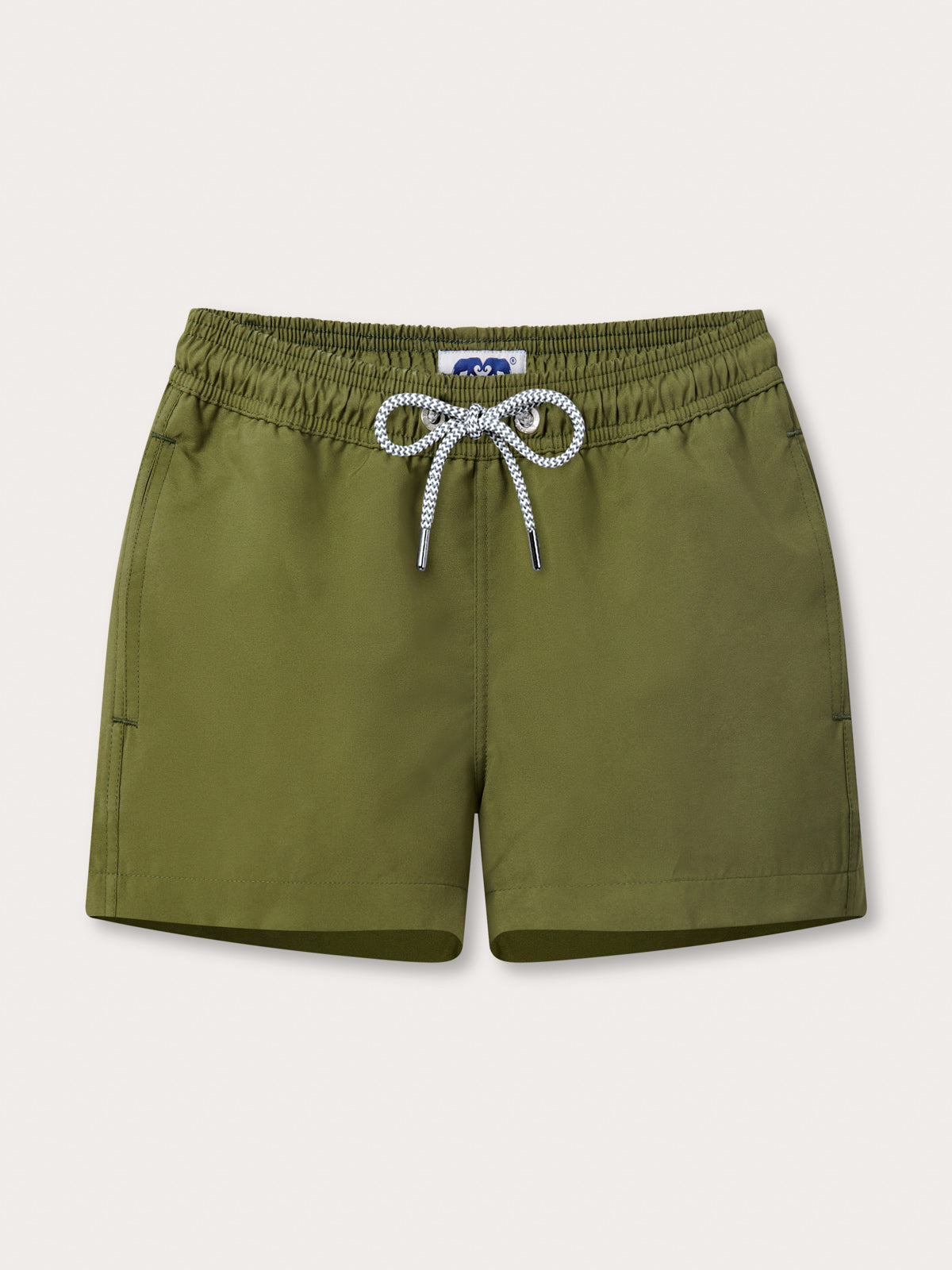 Boys Olive Green Staniel Swim Shorts with adjustable drawstring waist and elastic band.