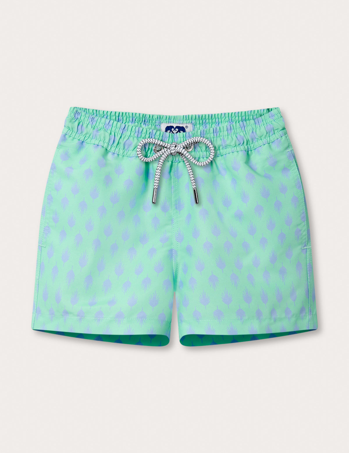 Boys Palm Days Staniel Swim Shorts by Love Brand & Co. Pastel green kids swim shorts with pockets and a drawstring waist.