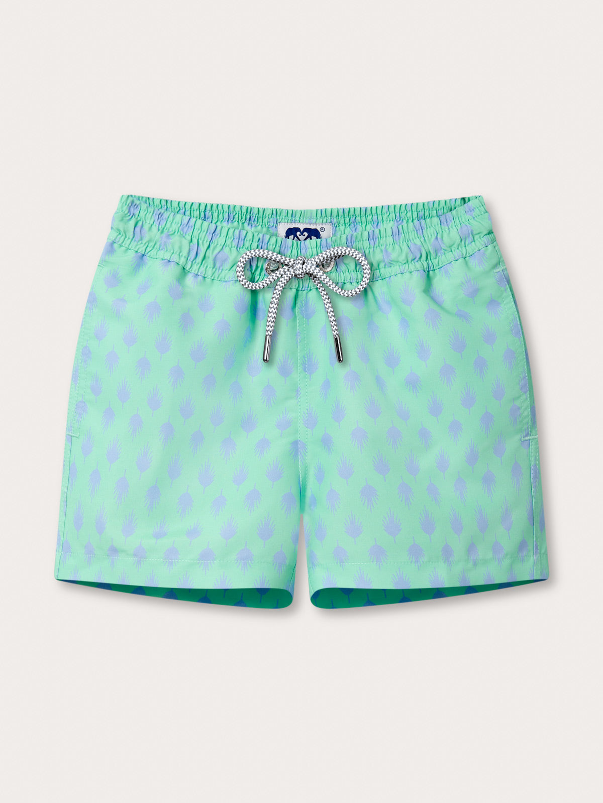 Boys Palm Days Staniel Swim Shorts by Love Brand & Co. Pastel green kids swim shorts with pockets and a drawstring waist.