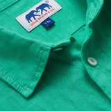 Boys Sicilian Green Abaco Linen Shirt with Love Brand & Co. logo.