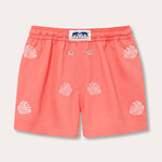 Boys Deliciosa Embroidered Staniel Swim Shorts - Coral Rose base with pink monstera deliciosa leaves, made from 100% recycled polyester, quick-dry fabric for beach and pool.