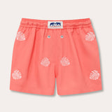 Boys Deliciosa Embroidered Staniel Swim Shorts - Coral Rose base with pink monstera deliciosa leaves, made from 100% recycled polyester, quick-dry fabric for beach and pool.