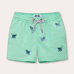 Boys Elephants Galore Embroidered Staniel Swim Shorts in Cay Green with Deep Blue embroidered elephants and braided drawstring.