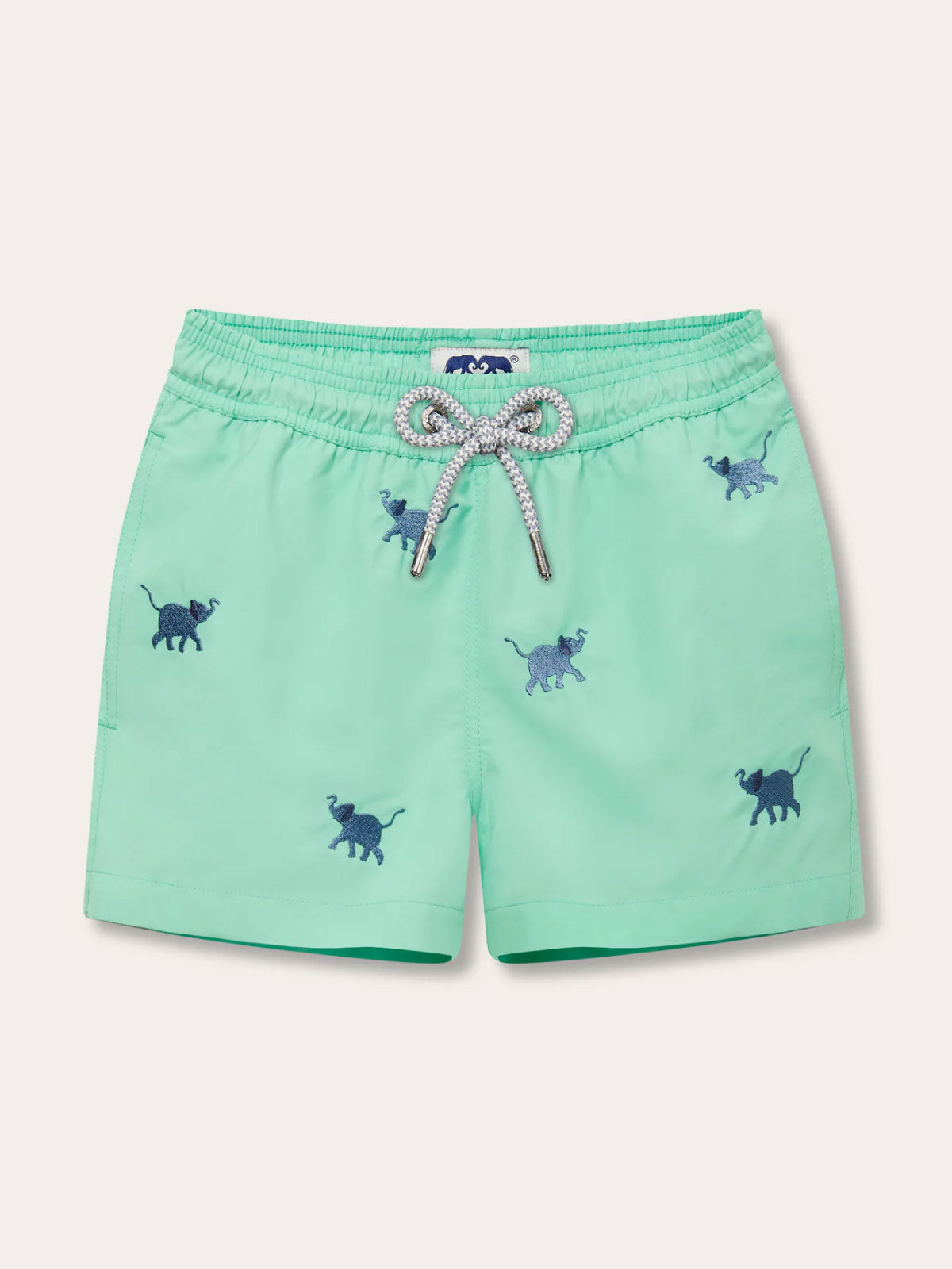 Boys Elephants Galore Embroidered Staniel Swim Shorts in Cay Green with Deep Blue embroidered elephants and braided drawstring.