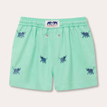 Boys Elephants Galore Staniel swim shorts in Cay Green with Deep Blue embroidered elephants.