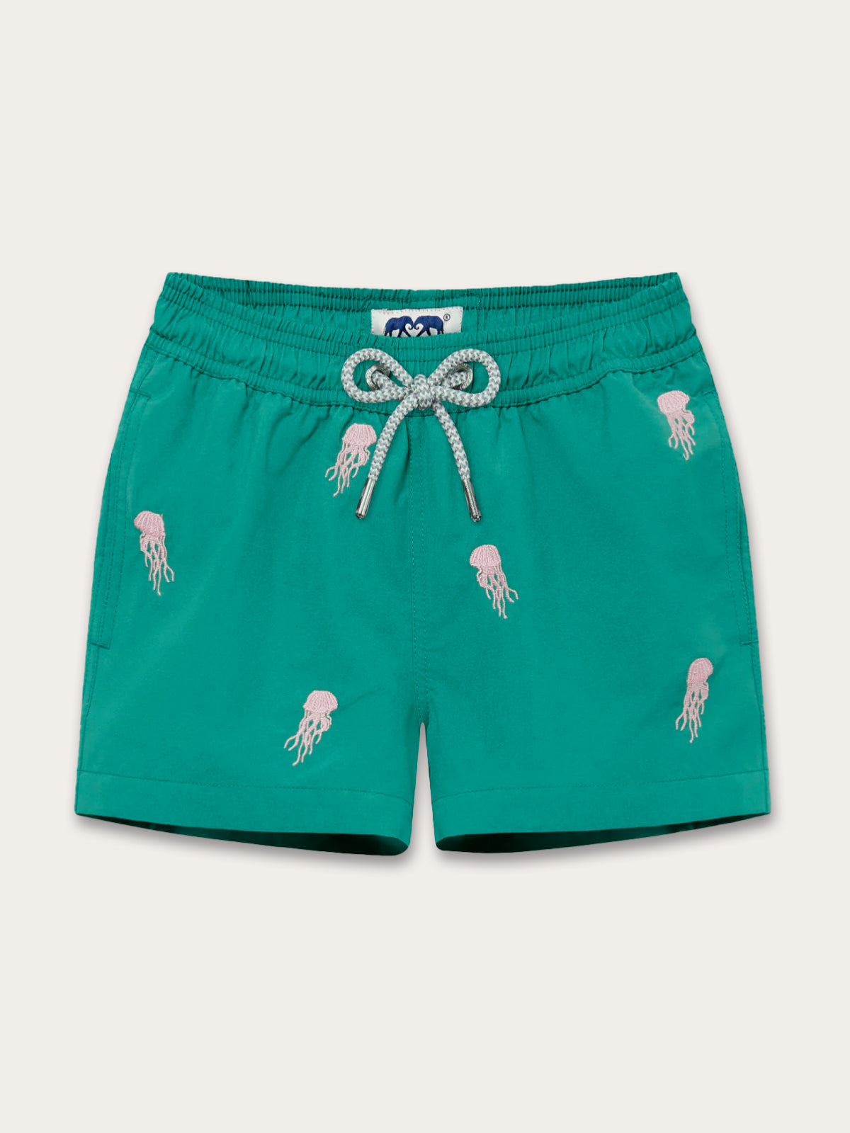 Boys Smack Attack Embroidered Staniel Swim Shorts with Palm Green base color and pink embroidered jellyfish motif.