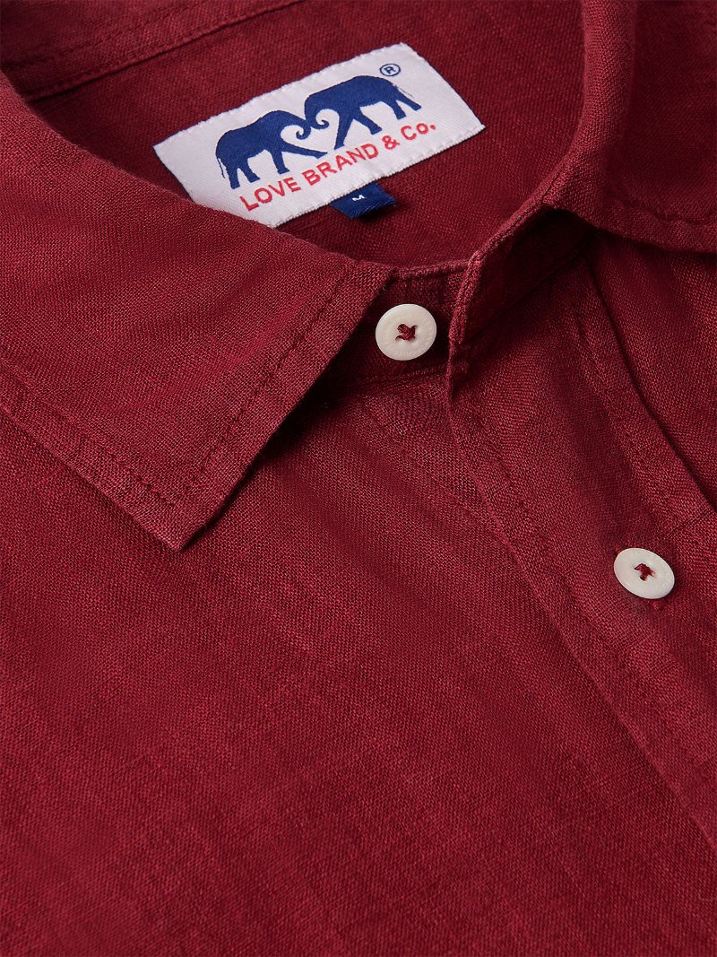 Burgundy Abaco men's Linen Shirt with Label Detail and White Buttons