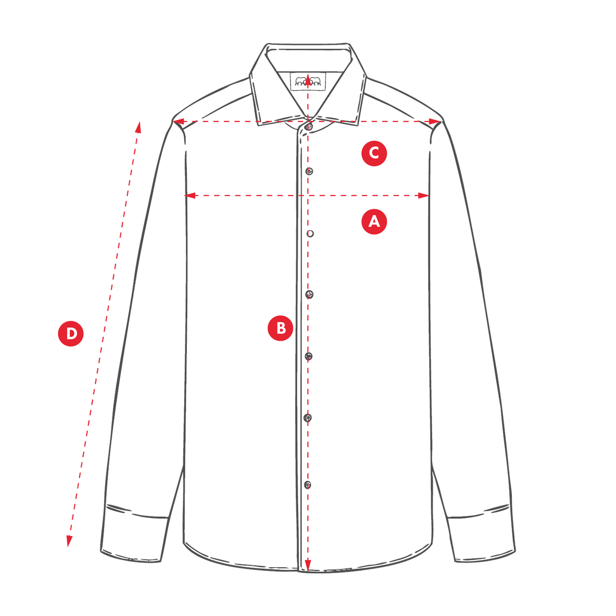 A line drawing of a long-sleeve button-up shirt with red dashed measurement arrows and labeled points A, B, C, and D indicating garment dimensions.