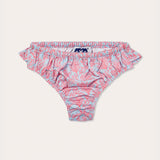 Girls Crazy Coral Calabash Bottoms in a bright coral pattern against a blue background with ruffled edges.