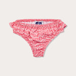 Pink and white patterned baby bottoms with ruffled sides, made from recycled plastic-based materials.