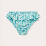 "Girls Leaping Leopards Calabash Bottoms in light blue with a frilled waistband and playful leopard print pattern"