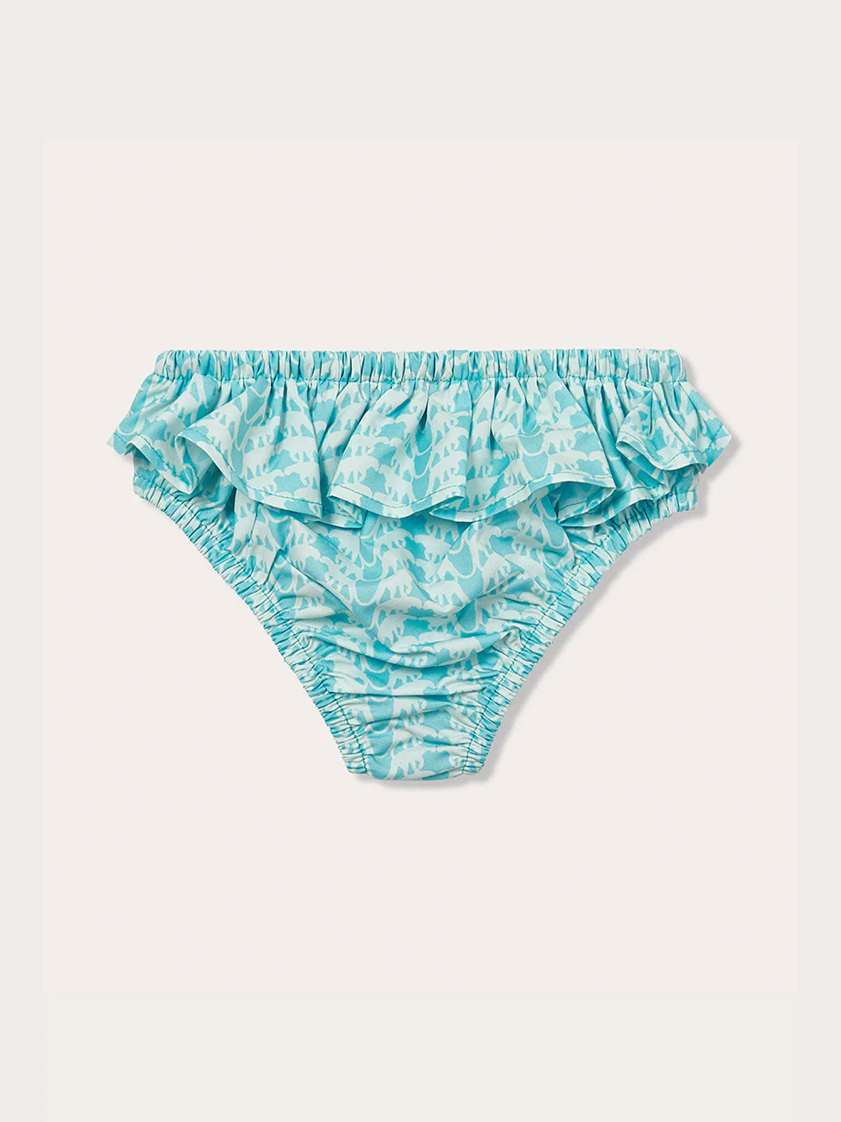 "Girls Leaping Leopards Calabash Bottoms in light blue with a frilled waistband and playful leopard print pattern"