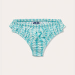 Girls Leaping Leopards Calabash baby bottoms in light blue with an elastic waistband and ruffled edges.