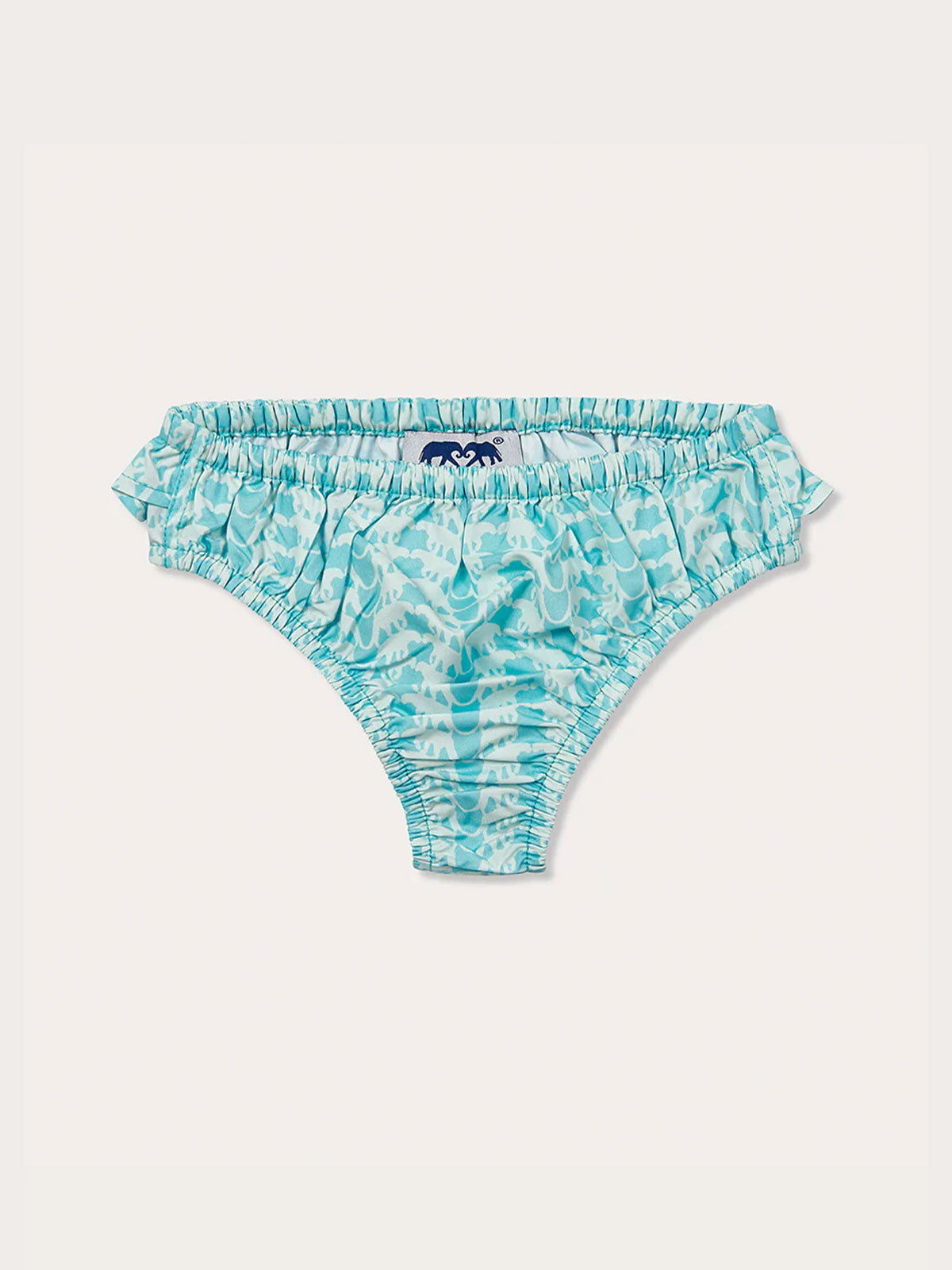 Girls Leaping Leopards Calabash baby bottoms in light blue with an elastic waistband and ruffled edges.