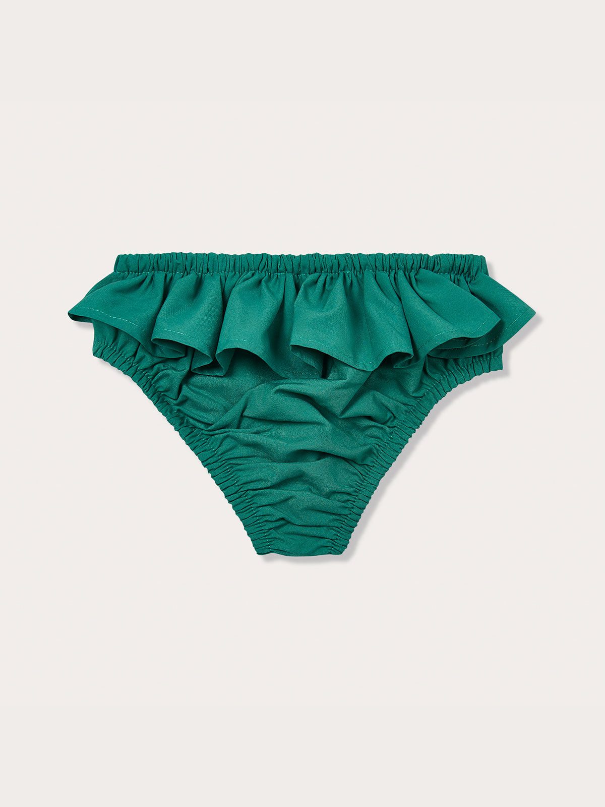 Girls Palm Green Calabash Bottoms by Little Love Brand, featuring ruffled waist detail and made from recycled plastic-based materials.