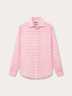 Men's Camel Mirage Pink Abaco Linen Shirt inspired by the UAE's efforts against desertification, featuring a pink mirage pattern symbolising climate change awareness.