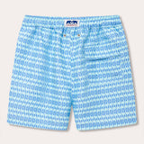 Men's Camel Mirage Sky Staniel Swim Shorts with a blue and white patterned design. Patterned swim shorts inspired by mirages in the desert, featuring an elastic waistband and a front pocket.