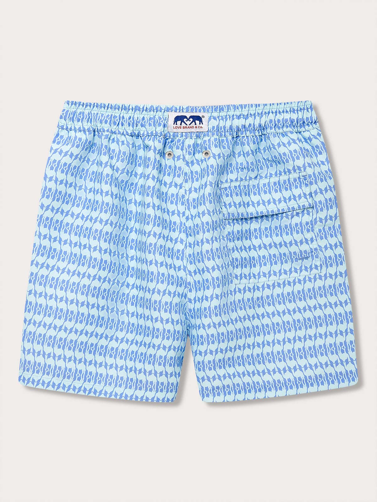 Men's Camel Mirage Sky Staniel Swim Shorts with a blue and white patterned design. Patterned swim shorts inspired by mirages in the desert, featuring an elastic waistband and a front pocket.