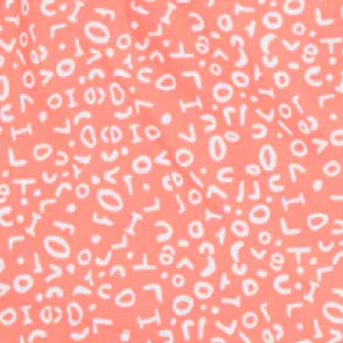A close-up of a coral pink fabric with a white abstract pattern of scattered letters, numbers, and dots.