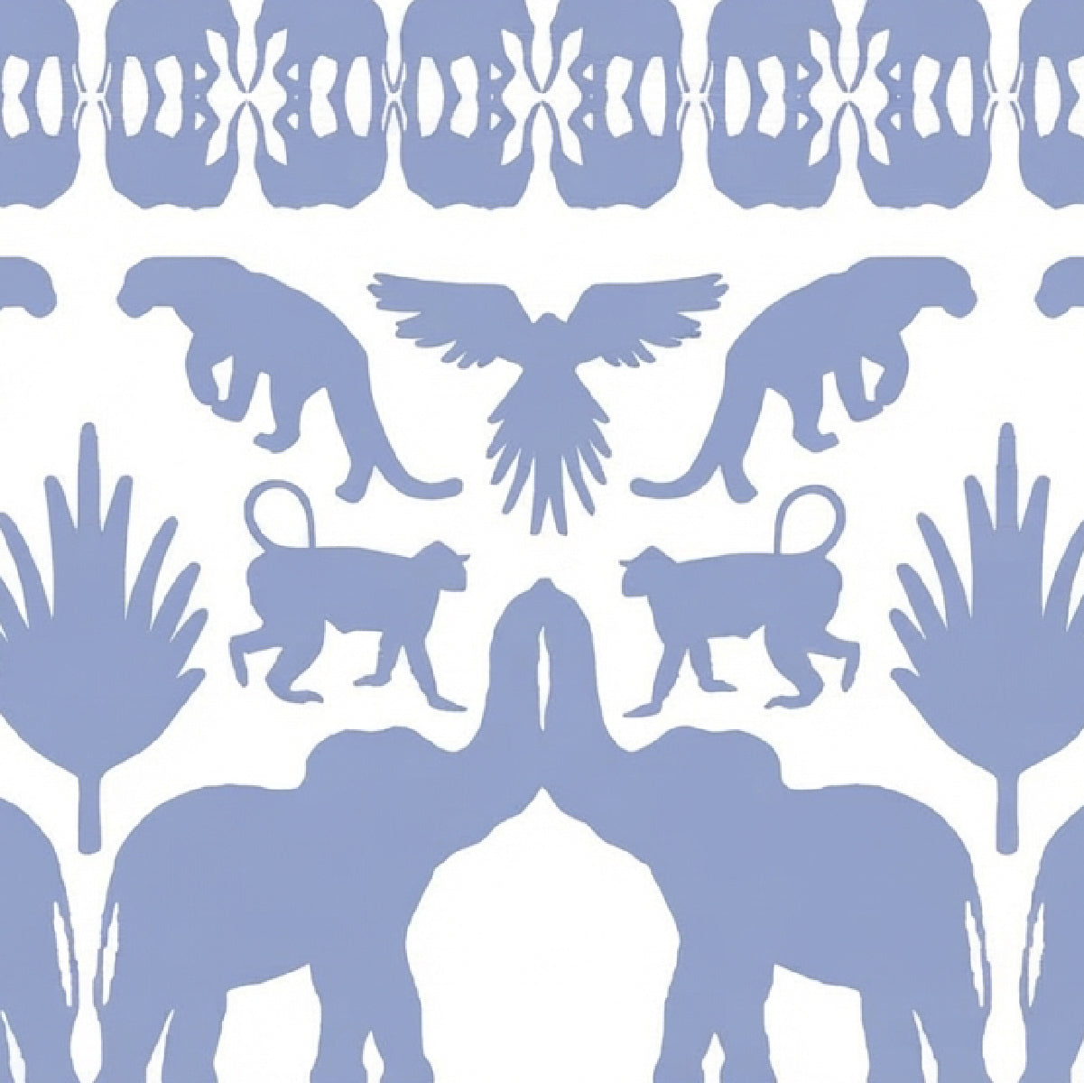 Blue and white pattern featuring geometric elephants, monkeys, birds and more.