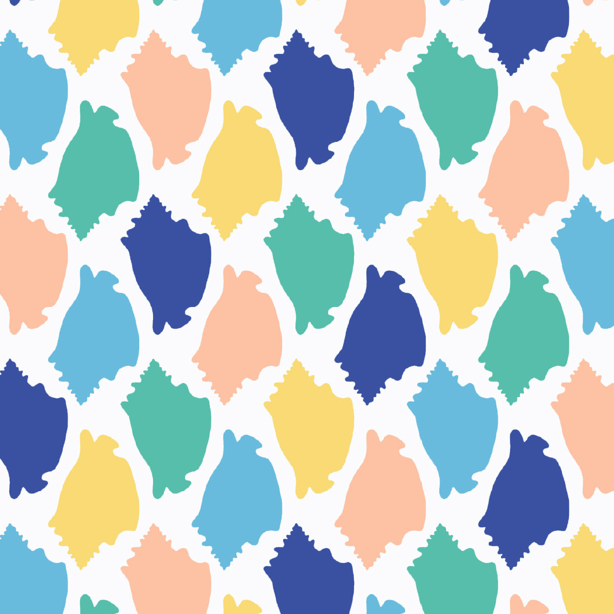A repeating pattern of pastel-colored seashell silhouettes in blue, teal, yellow, peach, and light blue on a white background.