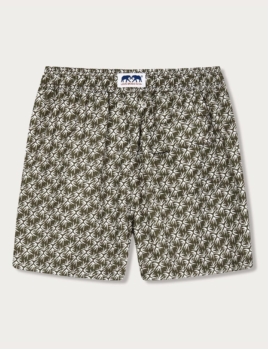 Men's Coral Spark Staniel Swim Shorts in an olive green and white bleached coral pattern, made from 100% recycled quick-drying fabric.