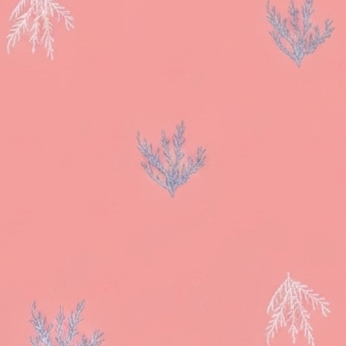 A repeating pattern of delicate coral in white and muted blue on a solid coral pink background.