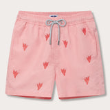 Men's Coral Colony Embroidered Staniel Swim Shorts in pastel pink with coral embroidery. Embroidered swim shorts with elastic waistband with drawstring, and quick-dry fabric made from 100% recycled polyester.