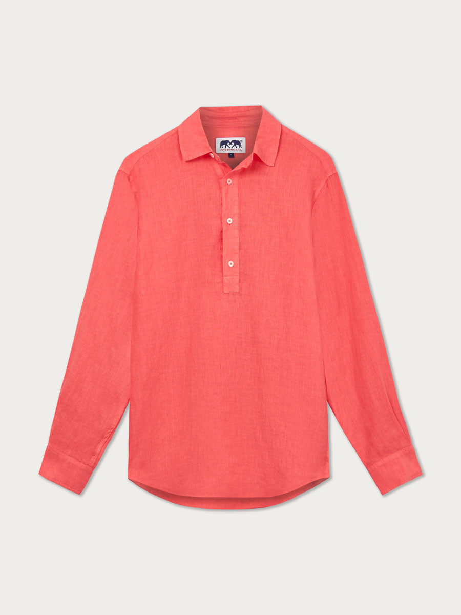 Coral Rose Hoffman mens Linen Shirt with long sleeves and half-button style,. Coral shirt mens made from lightweight natural linen in a vibrant pink coral shade.