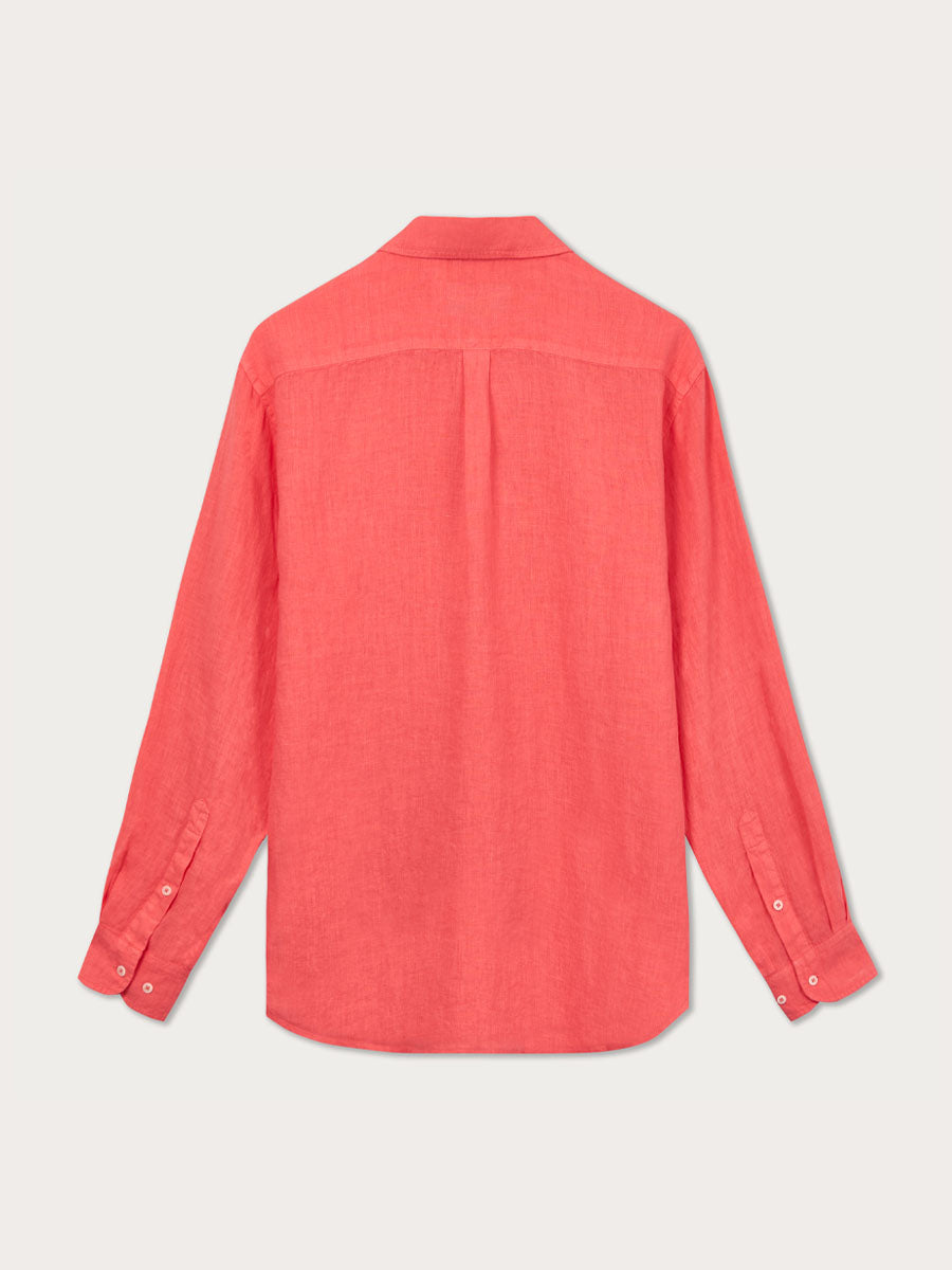 Coral Rose Hoffman mens Linen Shirt in vibrant pink coral color, featuring a lightweight 100% natural linen fabric. Coral shirt mens with a signature half-button style back view.
