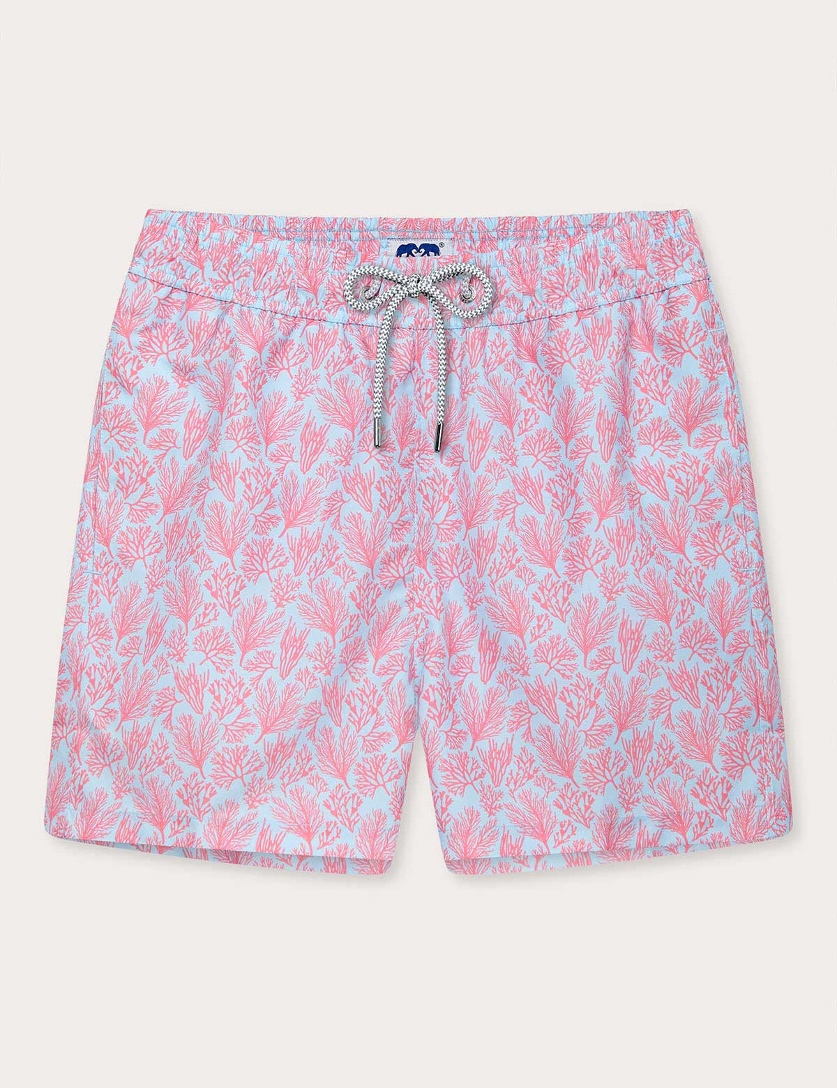 Crazy Coral Staniel mens Swim Shorts in pink and blue.