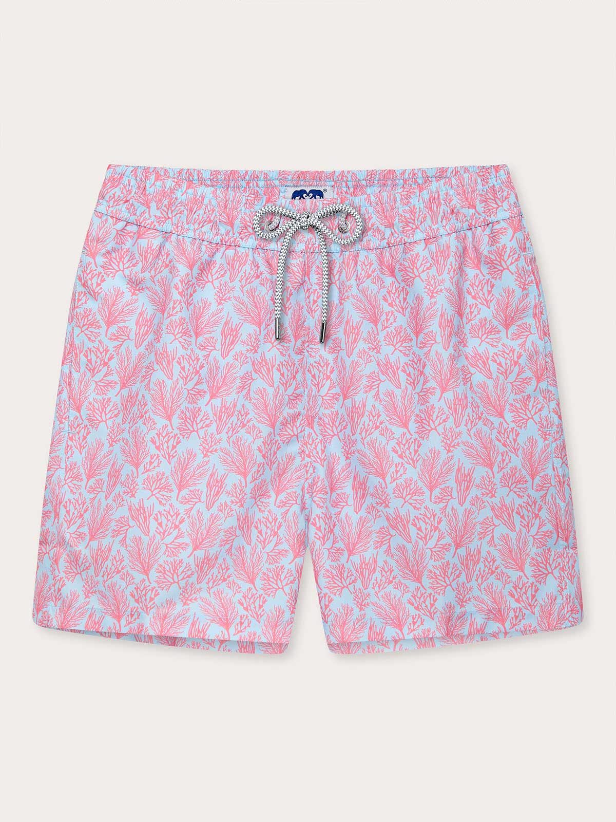 Crazy Coral Staniel mens Swim Shorts in pink and blue.