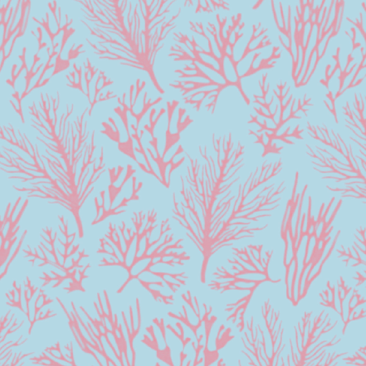 A repeating coral pattern in soft pink on a light blue background.