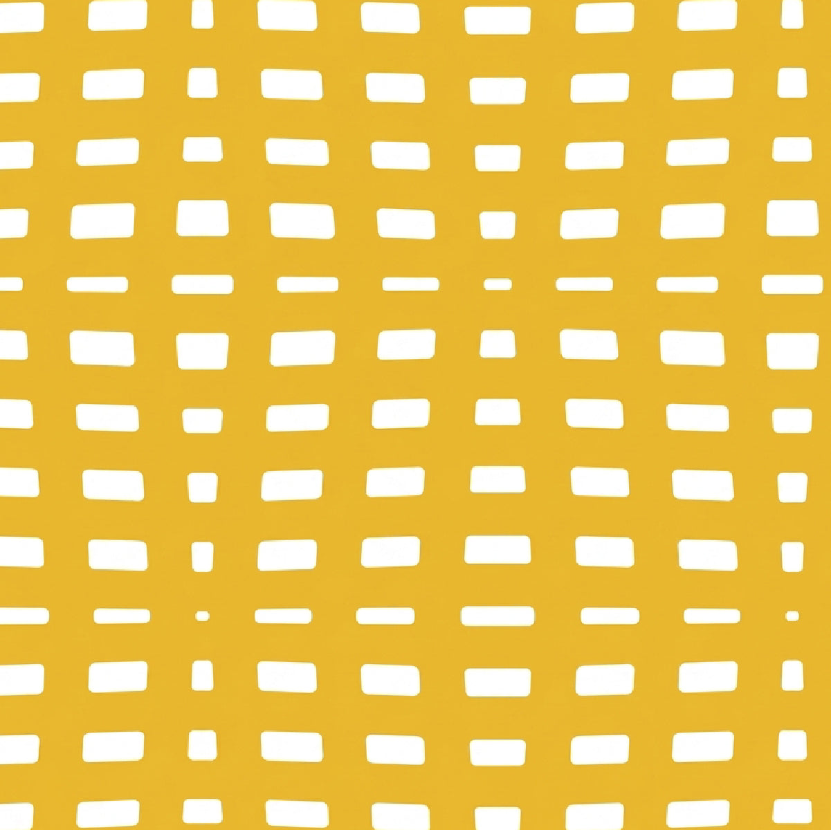 A repeating geometric pattern of white rounded rectangular dashes arranged in a grid over a solid mustard yellow background.