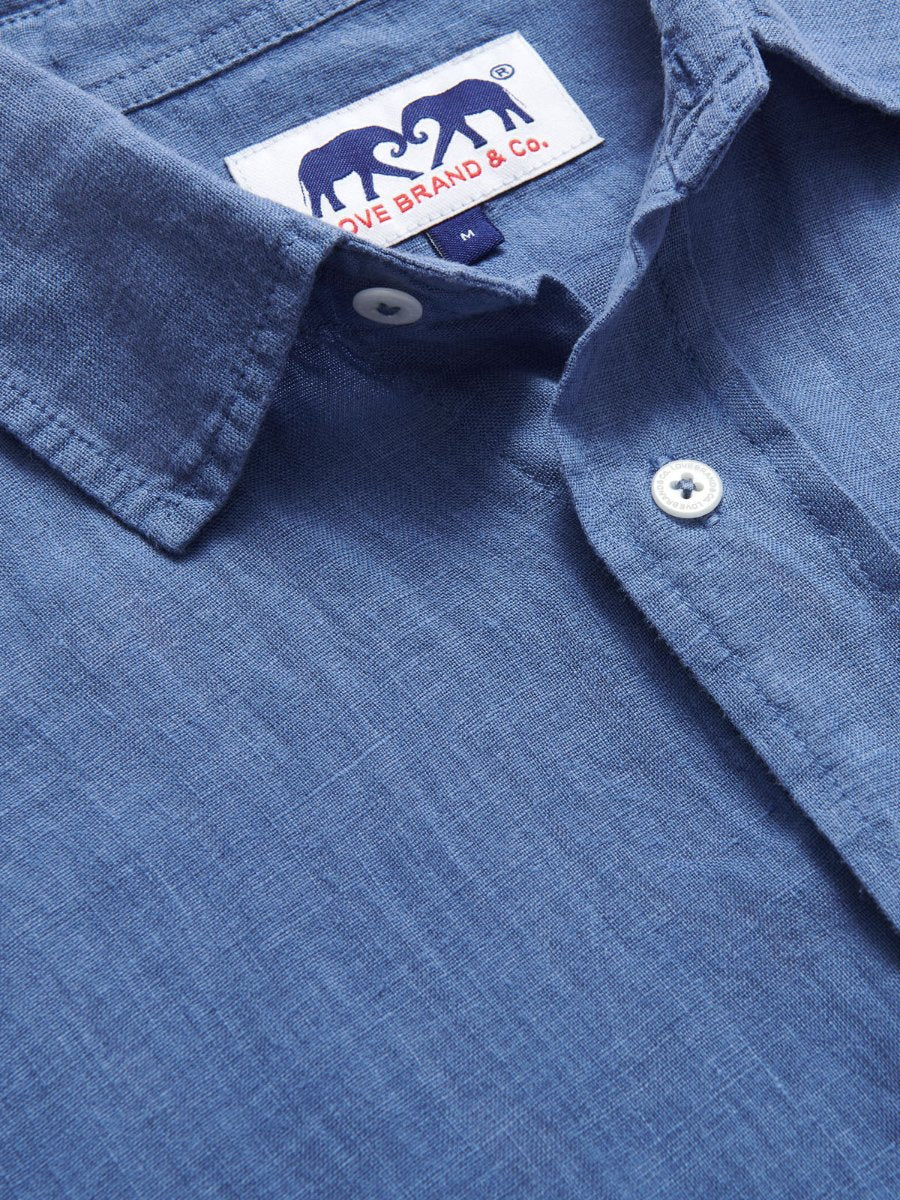 Deep Blue Abaco mens Linen Shirt close-up. Navy linen fabric of our mens linen shirt.