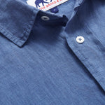 Deep Blue Abaco mens Linen Shirt close-up. Navy linen fabric of our mens linen shirt.