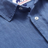 Deep Blue Abaco mens Linen Shirt close-up. Navy linen fabric of our mens linen shirt.