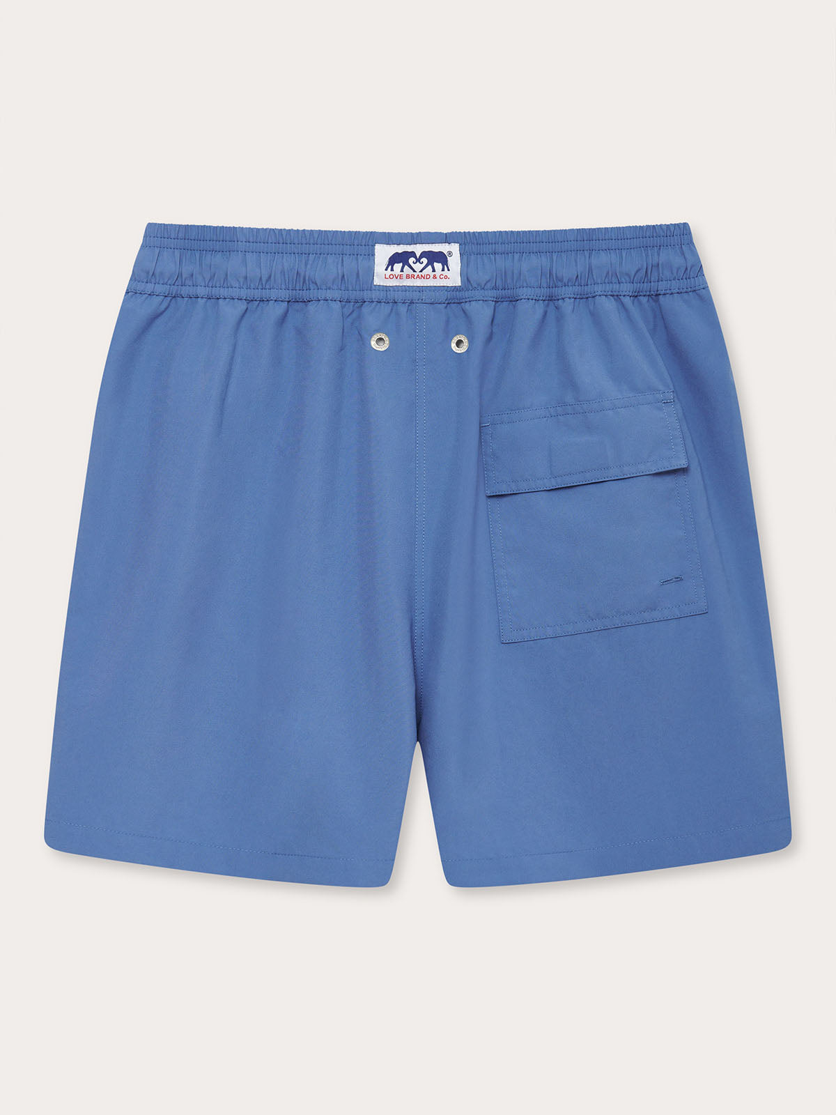 Men's Deep Blue Staniel Swim Shorts back view. Plain blue swim shorts featuring back pocket.