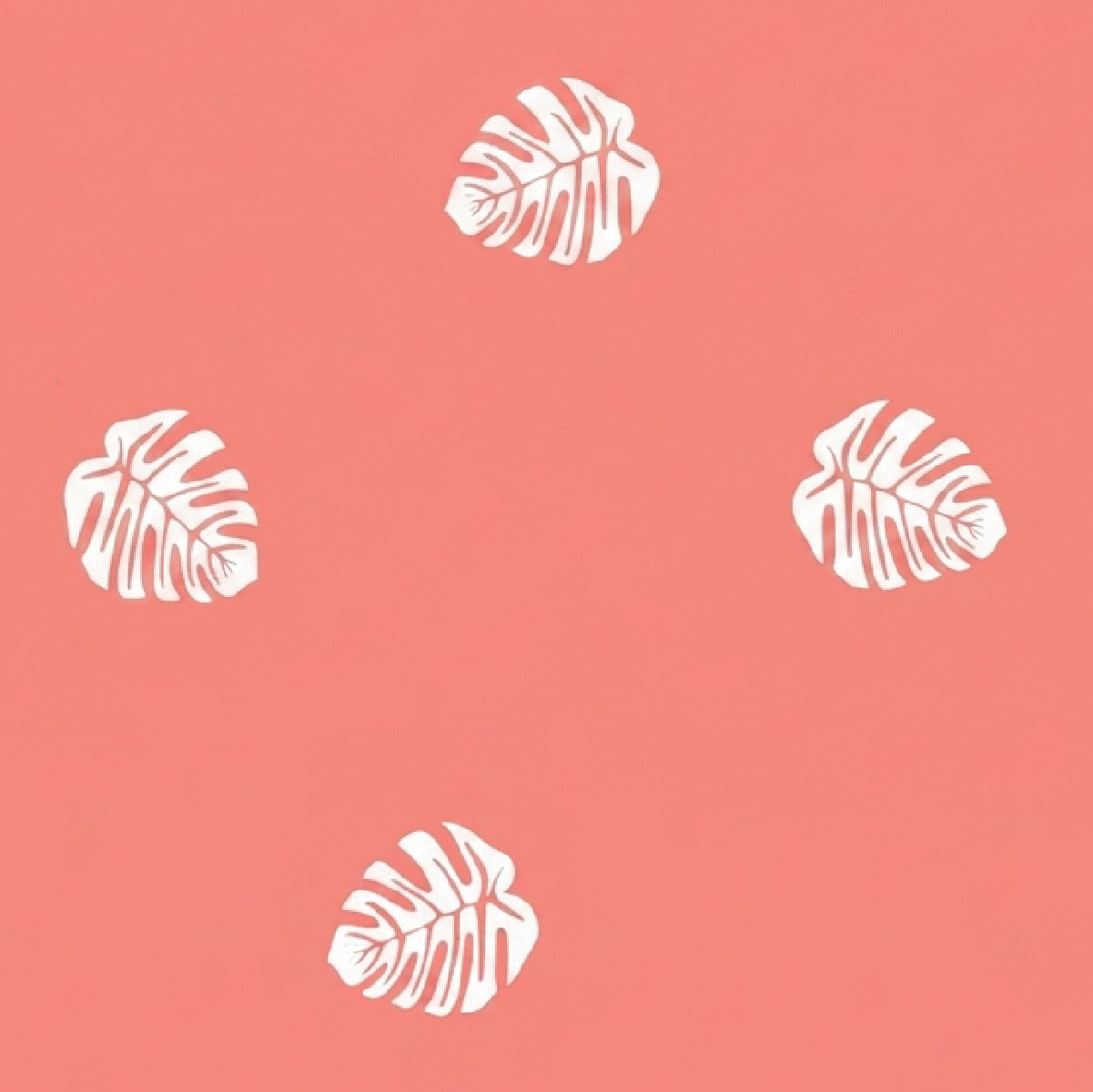 A coral pink background with four white monstera leaf silhouettes scattered across the surface.