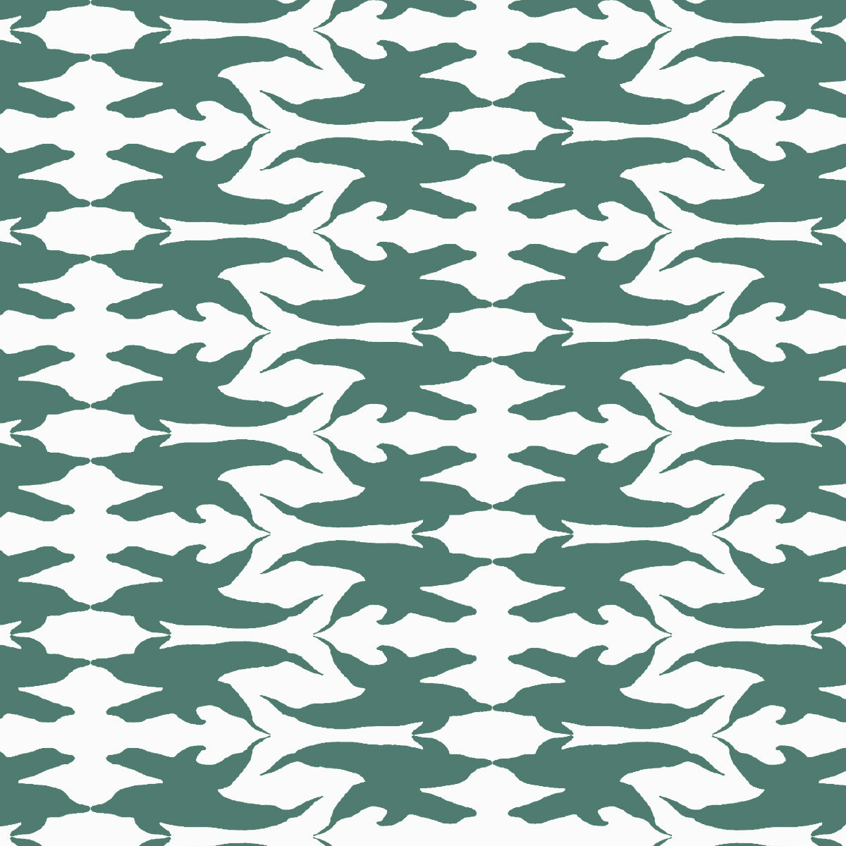 A repeating pattern of stylized green dolphin silhouettes on a white background.