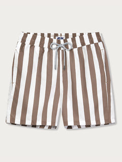 Men's tan and white candy stripe Staniel swim shorts with drawstring waistband.