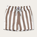 Boys Tan Candy Stripe Staniel Swim Shorts with vintage broad stripes inspired by 1950s Florida and the Bahamas.