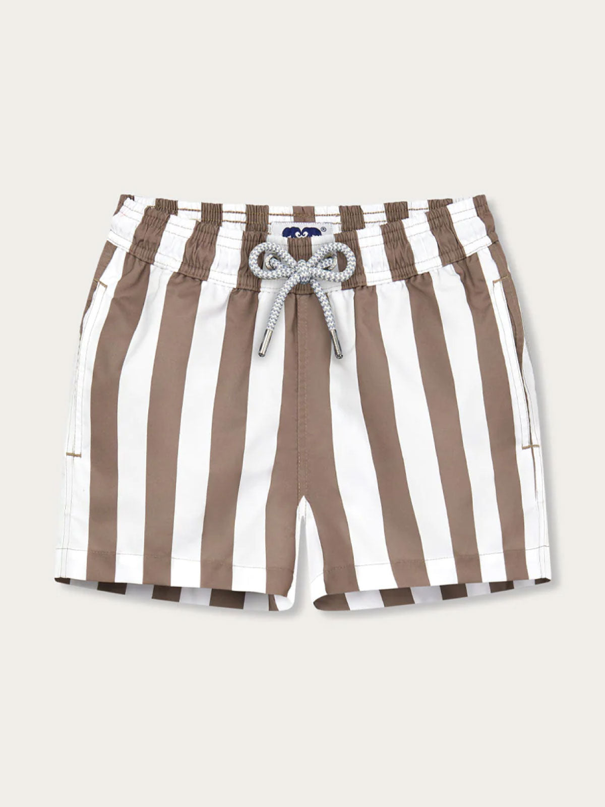 Boys Tan Candy Stripe Staniel Swim Shorts with vintage broad stripes inspired by 1950s Florida and the Bahamas.